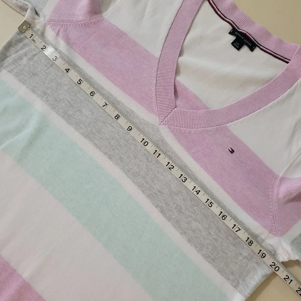 Tommy Hilfiger Pastel Pink Stripe Long Sleeve V-Neck Women's Sweater